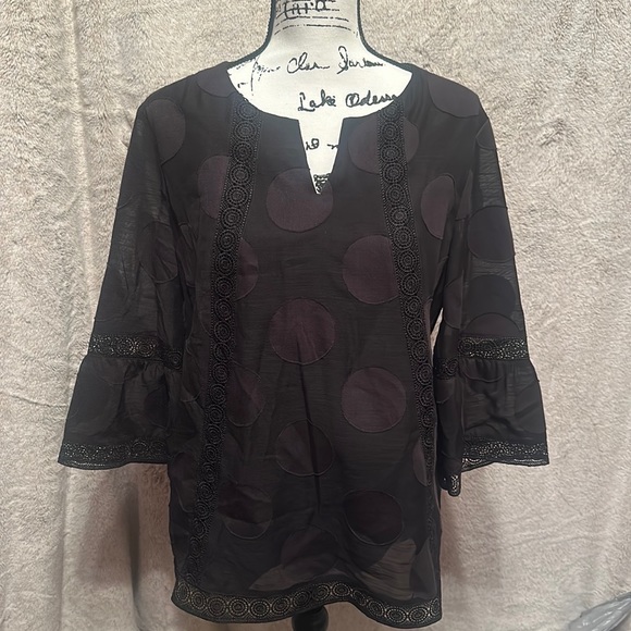 Chico's Tops - Chico’s size 2 U.S. 12/14 black lace trim dot texture 77% poly 23% cotton lace